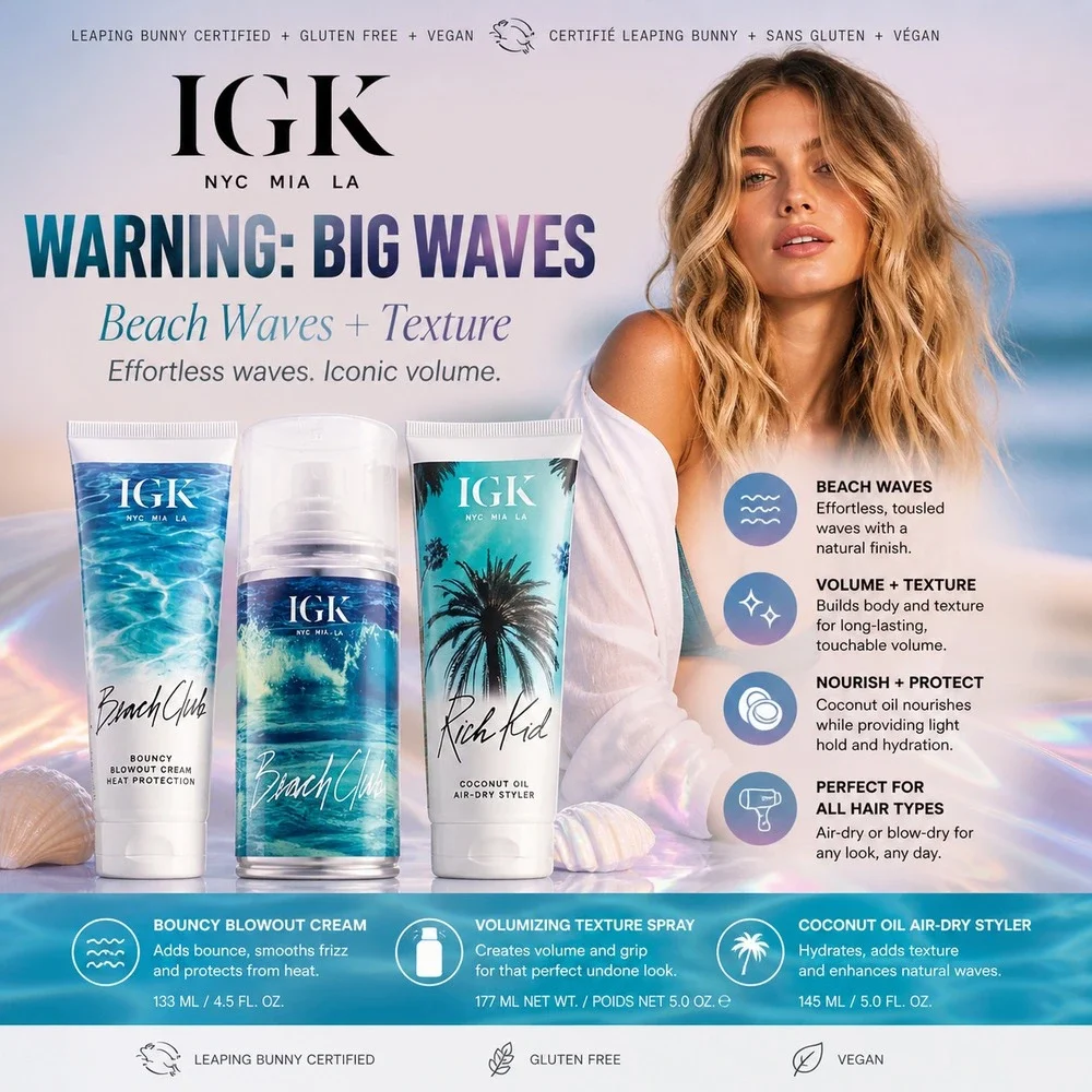 IGK Big Waves Beach Club Texture Spray Rich Kid Air Dry Styler 3pc Hair Set